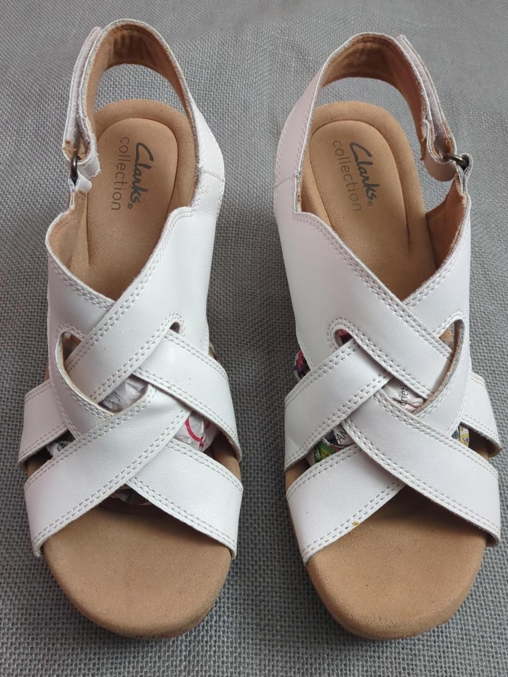 Clarks Collection White Leather Crisscross Wedge Sandals